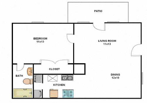 Floor plan for 1 bed, 1 bath, 665 sqft